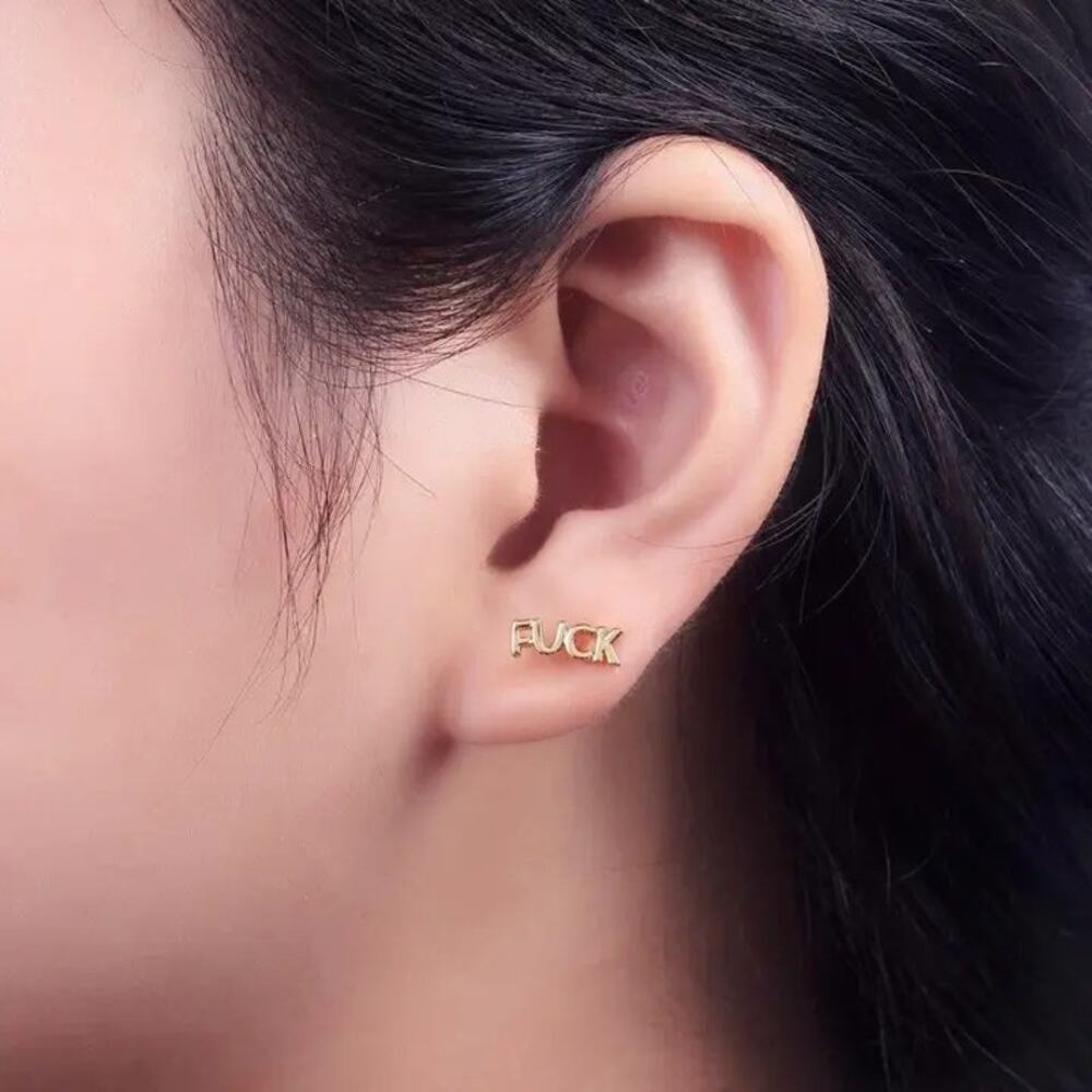 NWT Aim Eternal 16K Gold Filled F*ck Script Stud Earrings Dainty Swear Word